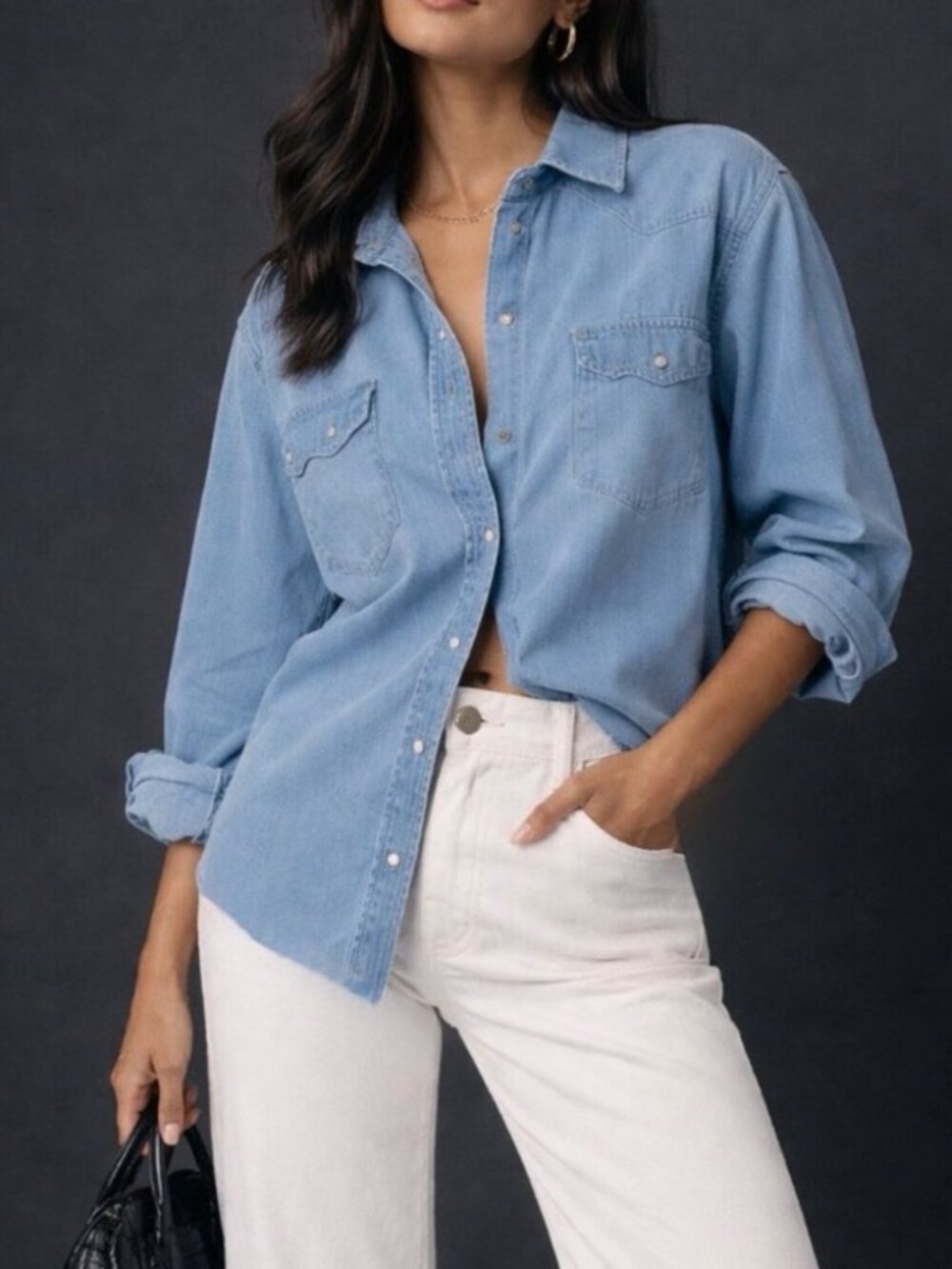 Lucky Brand Light Wash Blue Denim Western Shirt Snap Front Raw Hem Small NEW